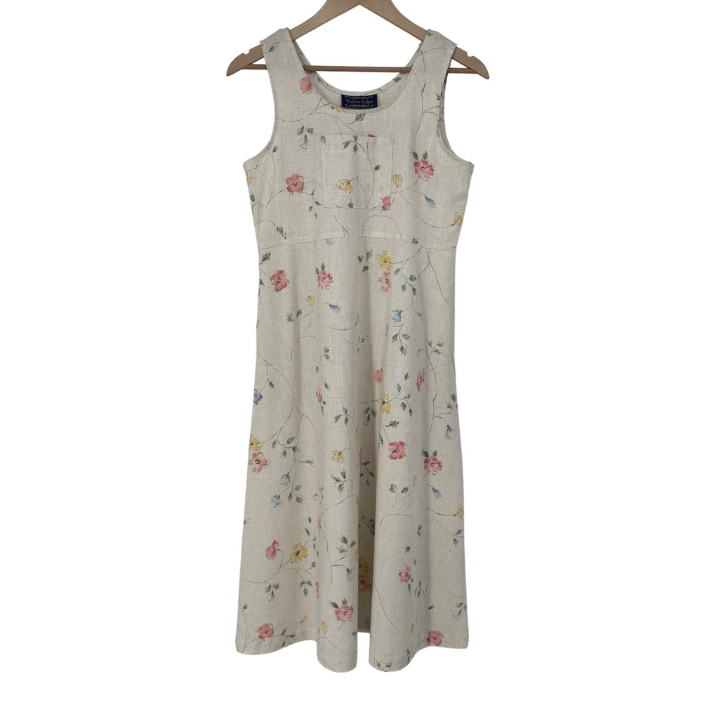 Vintage Willow Ridge Floral Linen Blend Pinafore Midi Dress M Cottage Made USA
